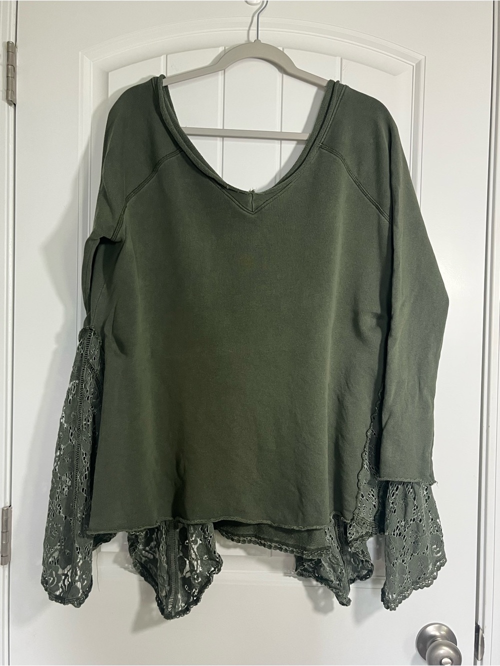 Free People Olive Green Lace-Trim V-Neck Sweatshirt